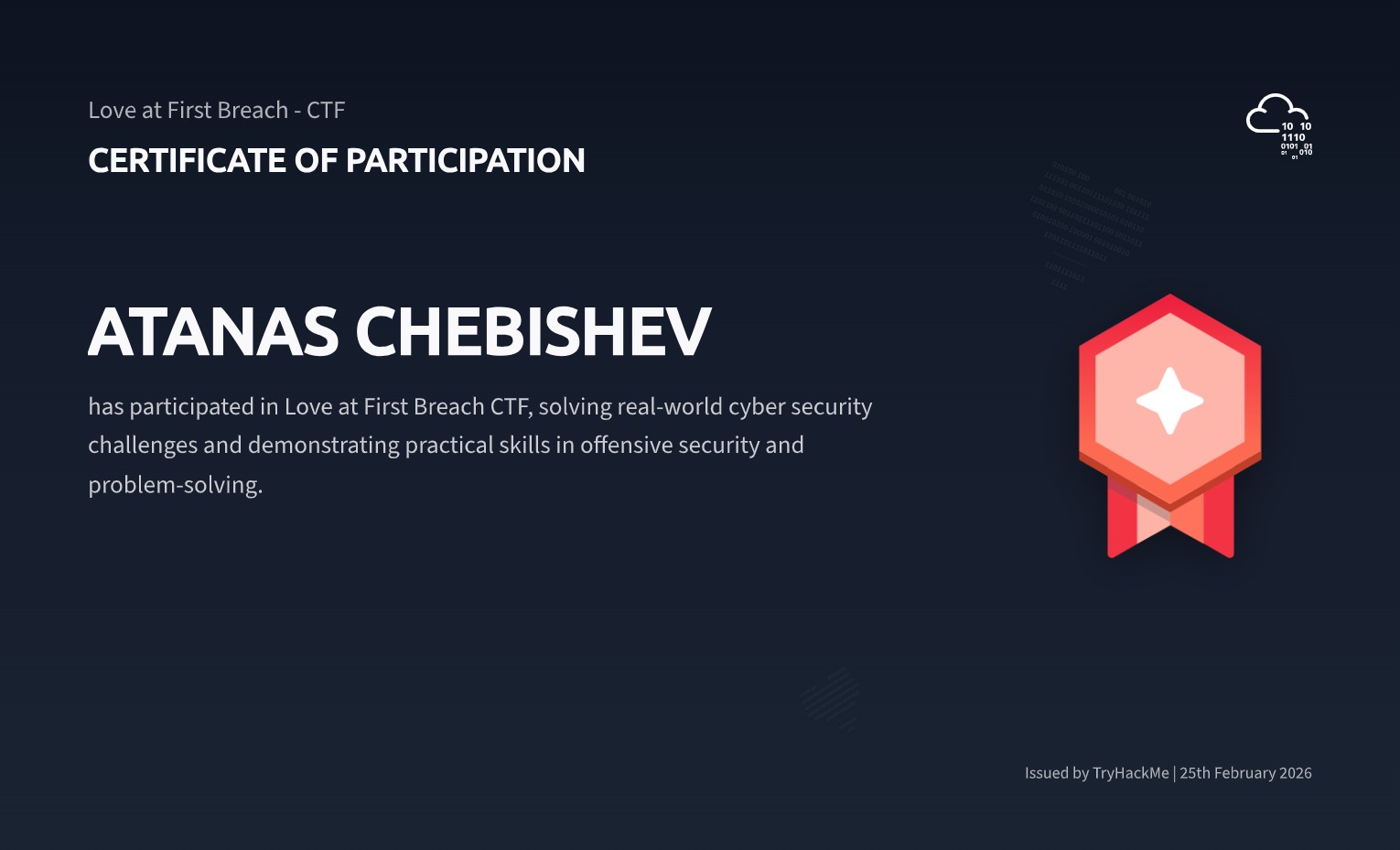 TryHackMe - Love at First Breach certificate